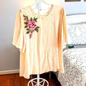 Crinkle top with floral embroidery